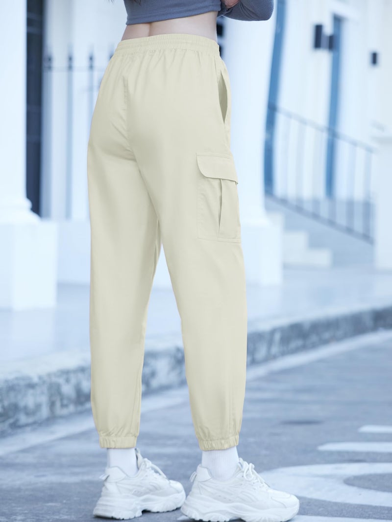 SANGTREE Girls Cargo Pants, Elastic Waist Drawstring Loose Tapered Multi Pockets Cargo Jogger Pants for Girl, Beige, 11-12 Years Big Kid = Tag 160 - Image 2